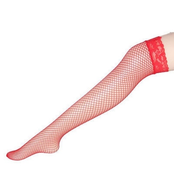 Thigh High Red Sexy Fishnet Tights Stockings O/S - Picture 2 of 2